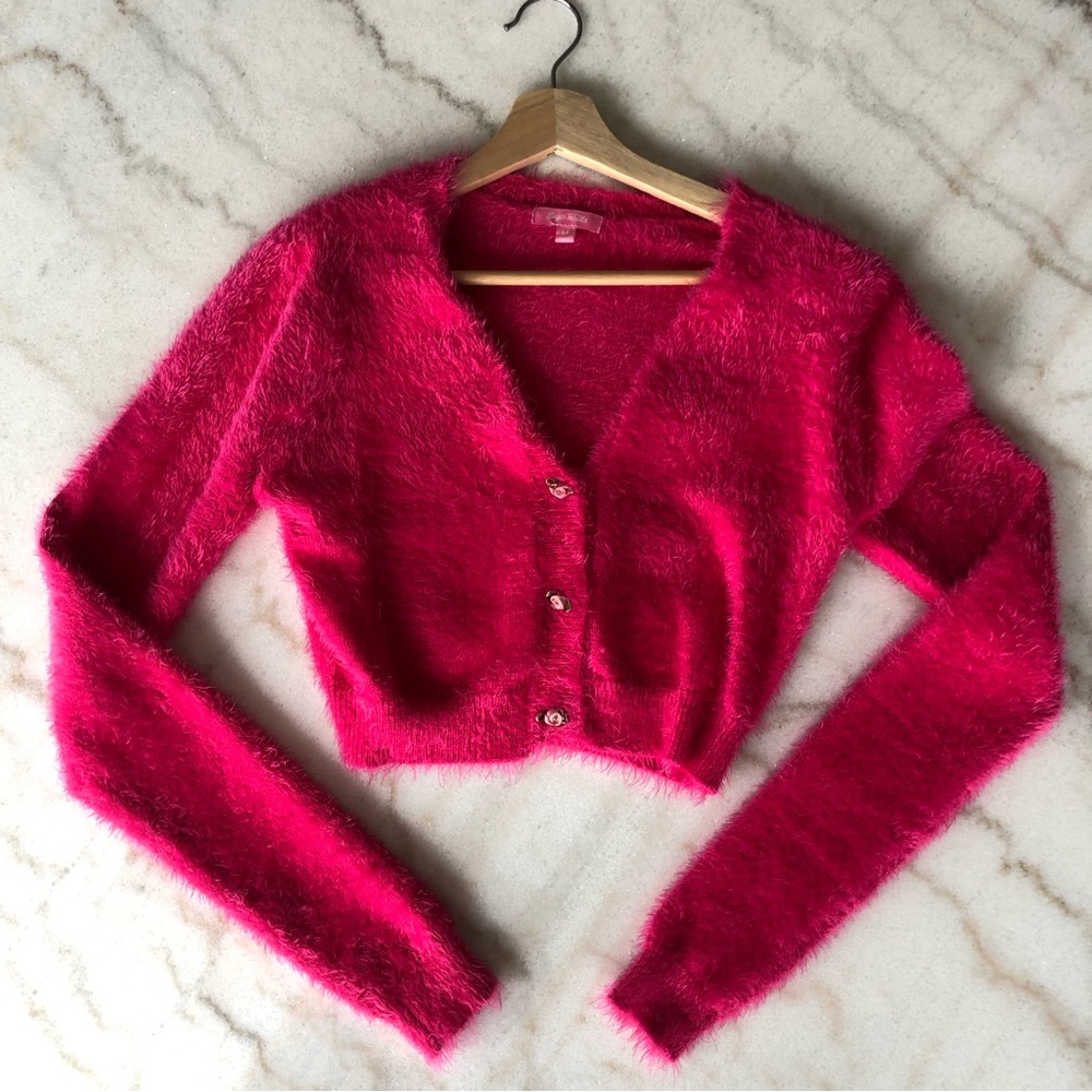 Fuzzy hot pink Y2K Sugar Thrillz cropped cardigan